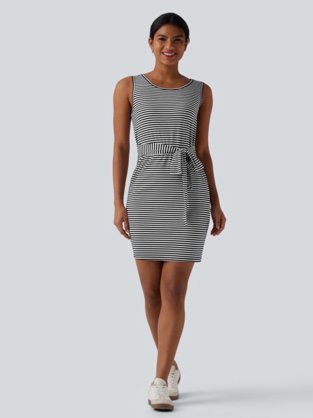 Halara Round Neck Sleeveless Belted  Stripe Mini Dress with Pockets Sz XL